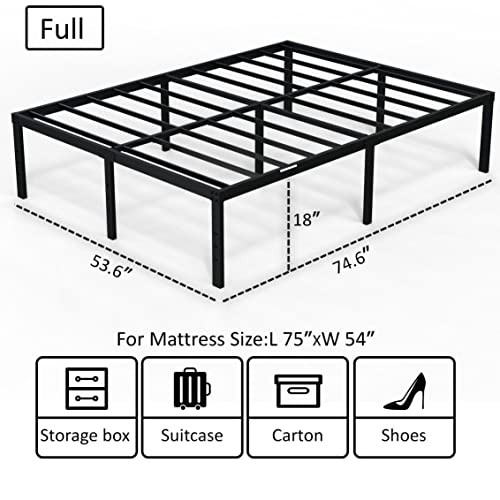 EMODA 18 Inch Tall Full Size Bed Frame with Large Storage Space, Easy Assembly Heavy Duty Metal Platform No Box Spring Needed, Noise Free, Black