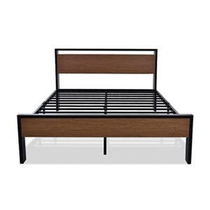 SHA CERLIN 14 Inch Queen Size Metal Platform Bed Frame with Wooden Headboard and Footboard, Mattress Foundation, No Box Spring Needed, Large Under Bed Storage, Non-Slip Without Noise, Walnut