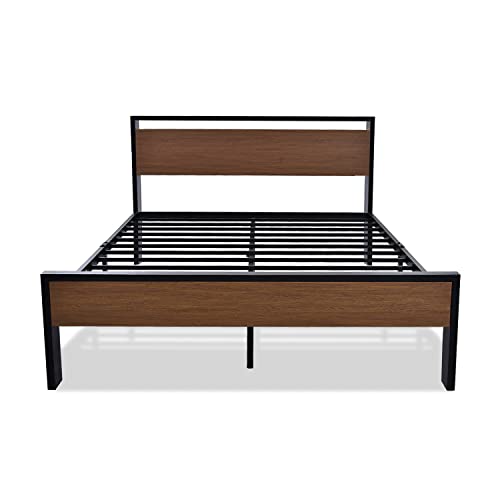 SHA CERLIN 14 Inch Queen Size Metal Platform Bed Frame with Wooden Headboard and Footboard, Mattress Foundation, No Box Spring Needed, Large Under Bed Storage, Non-Slip Without Noise, Walnut