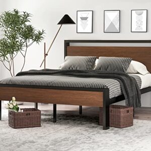 SHA CERLIN 14 Inch Queen Size Metal Platform Bed Frame with Wooden Headboard and Footboard, Mattress Foundation, No Box Spring Needed, Large Under Bed Storage, Non-Slip Without Noise, Walnut