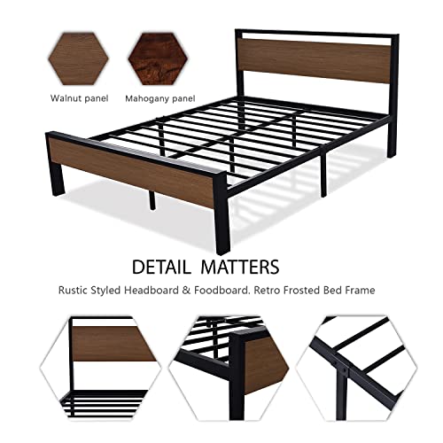 SHA CERLIN 14 Inch Queen Size Metal Platform Bed Frame with Wooden Headboard and Footboard, Mattress Foundation, No Box Spring Needed, Large Under Bed Storage, Non-Slip Without Noise, Walnut