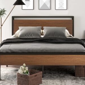 SHA CERLIN 14 Inch Queen Size Metal Platform Bed Frame with Wooden Headboard and Footboard, Mattress Foundation, No Box Spring Needed, Large Under Bed Storage, Non-Slip Without Noise, Walnut