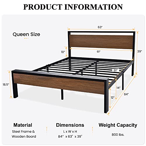 SHA CERLIN 14 Inch Queen Size Metal Platform Bed Frame with Wooden Headboard and Footboard, Mattress Foundation, No Box Spring Needed, Large Under Bed Storage, Non-Slip Without Noise, Walnut