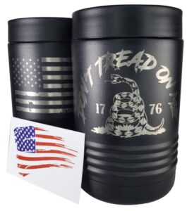 gadsden flag don't tread on me - dtom double walled stainless steel insulated can cooler – holds 12 or 16 oz cans or 12 oz bottles - two-sided engraving - includes usa flag sticker (gadsden flag)