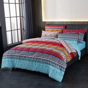 bohemian bed in a bag 7 pieces full size, colorful boho style red and blue printed, reversible comforter set (1 comforter, 1 flat sheet, 1 fitted sheet, 2 pillow shams, 2 pillowcases) (full, a)