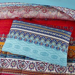Bohemian Bed in a Bag 7 Pieces Full Size, Colorful Boho Style Red and Blue Printed, Reversible Comforter Set (1 Comforter, 1 Flat Sheet, 1 Fitted Sheet, 2 Pillow Shams, 2 Pillowcases) (Full, A)