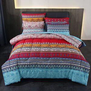 Bohemian Bed in a Bag 7 Pieces Full Size, Colorful Boho Style Red and Blue Printed, Reversible Comforter Set (1 Comforter, 1 Flat Sheet, 1 Fitted Sheet, 2 Pillow Shams, 2 Pillowcases) (Full, A)
