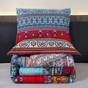 Bohemian Bed in a Bag 7 Pieces Full Size, Colorful Boho Style Red and Blue Printed, Reversible Comforter Set (1 Comforter, 1 Flat Sheet, 1 Fitted Sheet, 2 Pillow Shams, 2 Pillowcases) (Full, A)