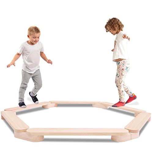 Balance Beam, Autirinee Stepping Stones for Kids, Montessori Toy - Build Coordination and Gross Motor Skills for Kids and Toddler, Gymnastics Obstacle Course Indoor Outdoor Use (6pcs,Natural Color)