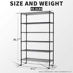 HCY 6-Tier Storage Shelf Shelving Unit Rolling Shelves Heavy Duty Metal Rack 82''x48''x18'' NSF Height Adjustable with Wheels for Garage Kitchen Pantry Organization 2100 LBS Capacity, HY-WS-776-BLACK