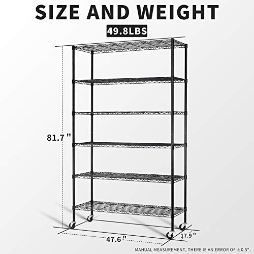 HCY 6-Tier Storage Shelf Shelving Unit Rolling Shelves Heavy Duty Metal Rack 82''x48''x18'' NSF Height Adjustable with Wheels for Garage Kitchen Pantry Organization 2100 LBS Capacity, HY-WS-776-BLACK