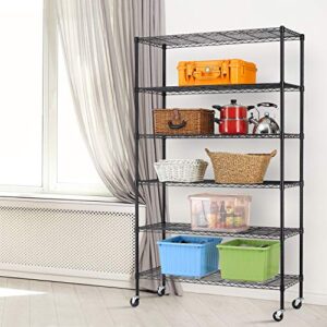 HCY 6-Tier Storage Shelf Shelving Unit Rolling Shelves Heavy Duty Metal Rack 82''x48''x18'' NSF Height Adjustable with Wheels for Garage Kitchen Pantry Organization 2100 LBS Capacity, HY-WS-776-BLACK