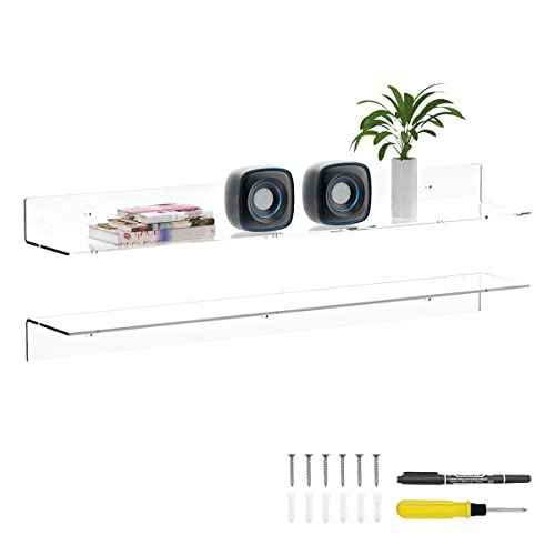 Sezanrpt 36 Inches Clear Long Floating Shelves for Wall, Acrylic Long Wall Shelf, Wall Mounted Shelves for Plants, Radio, Funko Pop, Books, Picture Frame, Clock, Cosmetics, Toiletries, 2 Pack