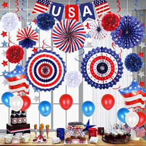 59pcs 4th of july patriotic decorations - fourth of july decor american flag party supplies, usa flag pennant, red white blue paper fans, latex balloons, star streamer, hanging swirls for memorial day