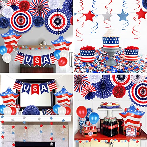 59pcs 4th of July Patriotic Decorations - Fourth of July Decor American Flag Party Supplies, USA Flag Pennant, Red White Blue Paper Fans, Latex balloons, Star Streamer, Hanging Swirls for Memorial Day