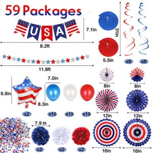 59pcs 4th of July Patriotic Decorations - Fourth of July Decor American Flag Party Supplies, USA Flag Pennant, Red White Blue Paper Fans, Latex balloons, Star Streamer, Hanging Swirls for Memorial Day