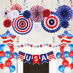 59pcs 4th of July Patriotic Decorations - Fourth of July Decor American Flag Party Supplies, USA Flag Pennant, Red White Blue Paper Fans, Latex balloons, Star Streamer, Hanging Swirls for Memorial Day