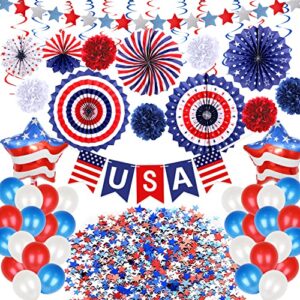 59pcs 4th of July Patriotic Decorations - Fourth of July Decor American Flag Party Supplies, USA Flag Pennant, Red White Blue Paper Fans, Latex balloons, Star Streamer, Hanging Swirls for Memorial Day