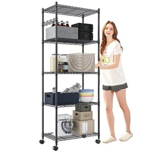 devo 5-tier shelf storage shelves, metal shelves for storage, wire shelving unit, adjustable shelves organizer for garage, pantry, kitchen, side hooks, black
