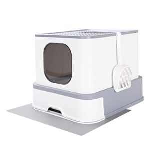 rizzari large foldable top entry cat litter box with lid,anti-splshing kitty litter pan easy cleaning and scoop (upgrade,light gray)