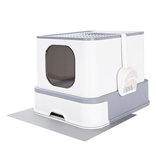 RIZZARI Large Foldable Top Entry Cat Litter Box with Lid,Anti-Splshing Kitty Litter Pan Easy Cleaning and Scoop (Upgrade,Light Gray)