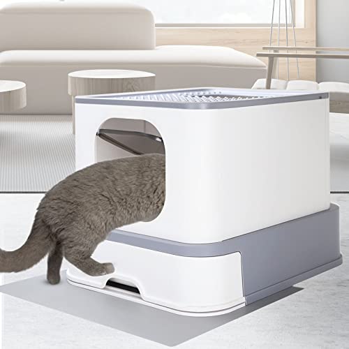 RIZZARI Large Foldable Top Entry Cat Litter Box with Lid,Anti-Splshing Kitty Litter Pan Easy Cleaning and Scoop (Upgrade,Light Gray)