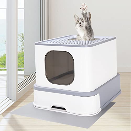 RIZZARI Large Foldable Top Entry Cat Litter Box with Lid,Anti-Splshing Kitty Litter Pan Easy Cleaning and Scoop (Upgrade,Light Gray)