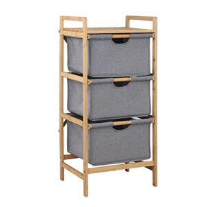 bamboo laundry hamper shelf with 3 pull out drawers baskets freestanding storage shelf with removable sliding bags & shelf for bathroom bedroom clothes organize (style1)