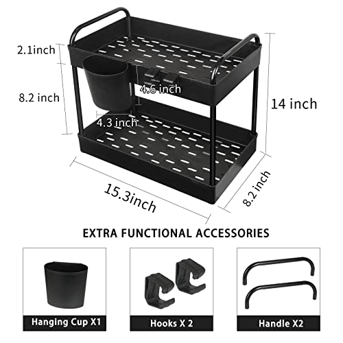 DILUOOU Under Sink Organizer and Storage,2 Tier Bathroom Countertop Organizer, Under Cabinet Organizer Baskets, Under Sink Storage for Bathroom Kitchen with Hooks & Hanging Cup,Black