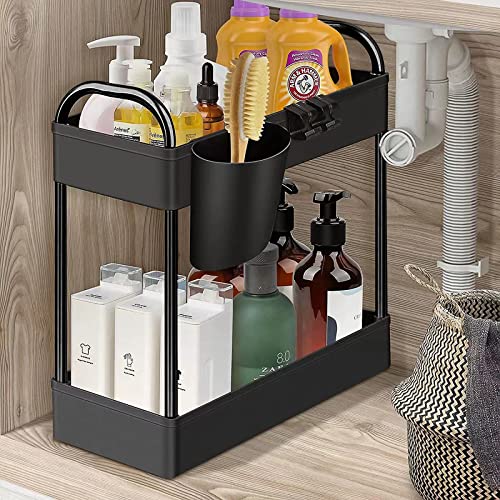 DILUOOU Under Sink Organizer and Storage,2 Tier Bathroom Countertop Organizer, Under Cabinet Organizer Baskets, Under Sink Storage for Bathroom Kitchen with Hooks & Hanging Cup,Black