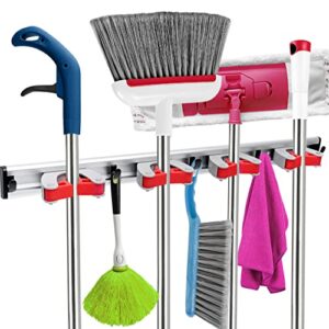 20" broom holder wall mount - 4 sliding broom hangers and 5 mop holders, moveable wall hanging organizer for garage, restaurant, kitchen and laundry room, perfect for cleaning supplies.