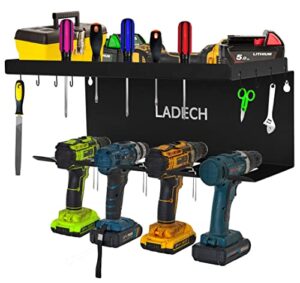 ladech cordless drill tool organizer - drill holder storage wall mount shelf rack and charging station to optimize garage organization and power tool storage (drill holder & shelf)