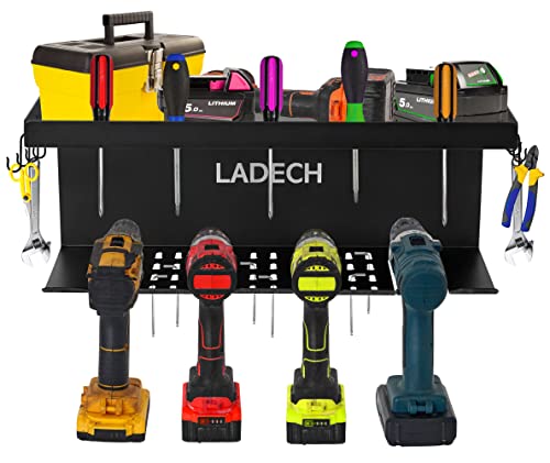 LADECH Cordless Drill Tool Organizer - Drill holder storage wall mount shelf rack and charging station to optimize garage organization and power tool storage (Drill holder & Shelf)