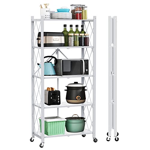 Mochubang Foldable Storage Shelves Unit, 5-Tier Folding Shelf Steel Shelving Rack Organizer Cart with Rolling Wheels for Mobile in Kitchen, Warehouse, Closet, Patio, Pantry Organization (White)