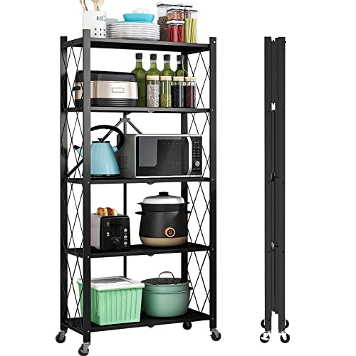 Mochubang Foldable Storage Shelves Unit, 5 Tier Folding Shelf Steel Shelving Rack with Wheels for Mobile Storage in Kitchen, Warehouse, Closet, Patio, Pantry, No Assembly, 1250 lbs Capacity, Black