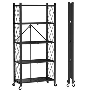 Mochubang Foldable Storage Shelves Unit, 5 Tier Folding Shelf Steel Shelving Rack with Wheels for Mobile Storage in Kitchen, Warehouse, Closet, Patio, Pantry, No Assembly, 1250 lbs Capacity, Black