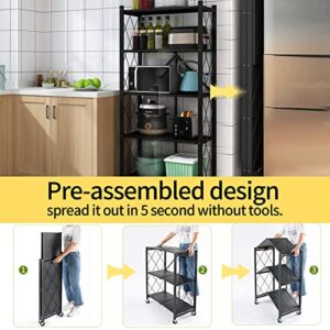 Mochubang Foldable Storage Shelves Unit, 5 Tier Folding Shelf Steel Shelving Rack with Wheels for Mobile Storage in Kitchen, Warehouse, Closet, Patio, Pantry, No Assembly, 1250 lbs Capacity, Black