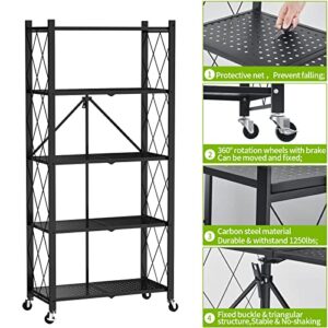 Mochubang Foldable Storage Shelves Unit, 5 Tier Folding Shelf Steel Shelving Rack with Wheels for Mobile Storage in Kitchen, Warehouse, Closet, Patio, Pantry, No Assembly, 1250 lbs Capacity, Black