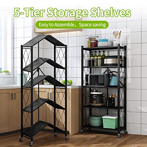 Mochubang Foldable Storage Shelves Unit, 5 Tier Folding Shelf Steel Shelving Rack with Wheels for Mobile Storage in Kitchen, Warehouse, Closet, Patio, Pantry, No Assembly, 1250 lbs Capacity, Black