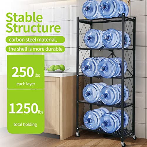 Mochubang Foldable Storage Shelves Unit, 5 Tier Folding Shelf Steel Shelving Rack with Wheels for Mobile Storage in Kitchen, Warehouse, Closet, Patio, Pantry, No Assembly, 1250 lbs Capacity, Black