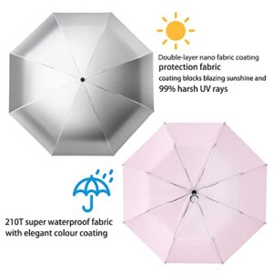 FDJASGY Silver Coating Layer Fabric Blocking UV 99.9% Sun Umbrella Compact Folding Travel Umbrella Automatic Folding Windproof Umbrellas For Men and Women (Pink)