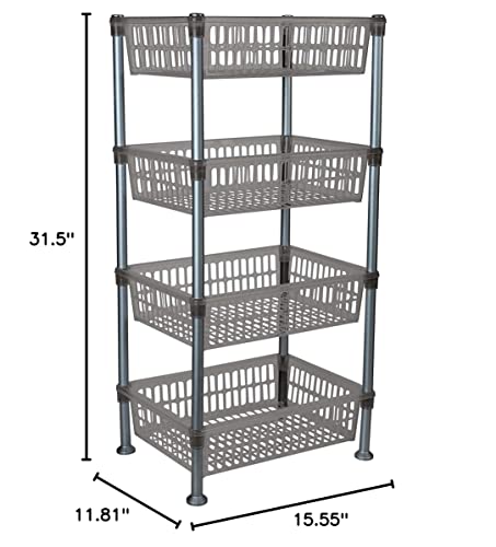 Kitchen Details 4 Tier Slim Basket Shelf Rack | Storage & Organizer | Kitchen | Bathroom | Laundry Room | Office | Good for Food and Kitchen Supplies | Smoke Grey