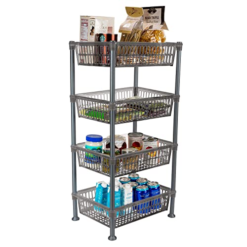 Kitchen Details 4 Tier Slim Basket Shelf Rack | Storage & Organizer | Kitchen | Bathroom | Laundry Room | Office | Good for Food and Kitchen Supplies | Smoke Grey