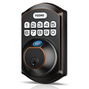 teeho te002 fingerprint door lock - keyless entry door lock with keypad - electronic deadbolt keyed entry - front door lock - combination door lock - easy installation - oil-rubbed bronze