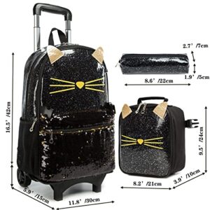 Egchescebo School Bags Kids Rolling Backpack for Girls Luggage Suitcase With Wheels Trolley Wheeled Backpacks for Girls Travel Bags 3PCS Girls Cat Backpack With Lunch for kids Black Bags