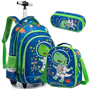 Egchescebo School Bags Kids Rolling Dinosaur Backpack for Boys Luggage Suitcase With Wheels Trolley Wheeled Backpacks for Boys Travel Bags 3PCS Cat Backpack With Lunch Box Blue