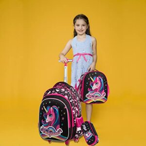 Egchescebo School Bags Kids Rolling Unicorn Backpack for Girls Luggage Suitcase With Wheels Trolley Wheeled Backpacks Travel Bags 3PCS Cat Backpack With Lunch Box Red…