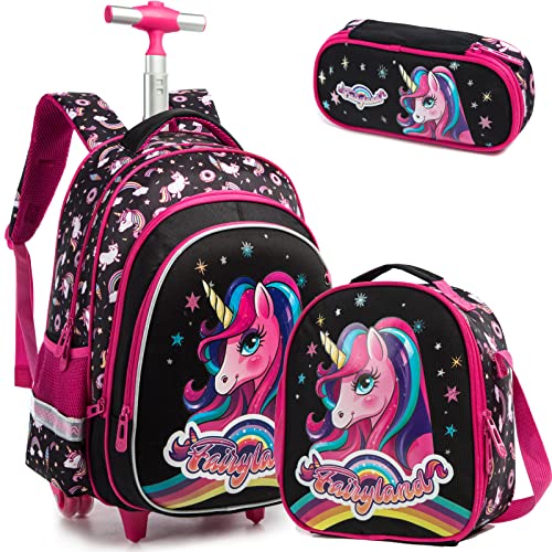 Egchescebo School Bags Kids Rolling Unicorn Backpack for Girls Luggage Suitcase With Wheels Trolley Wheeled Backpacks Travel Bags 3PCS Cat Backpack With Lunch Box Red…