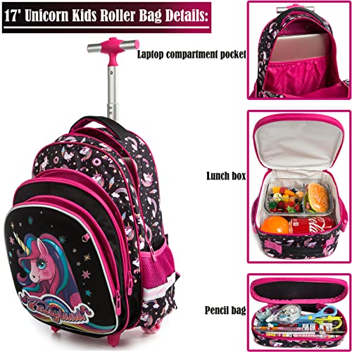 Egchescebo School Bags Kids Rolling Unicorn Backpack for Girls Luggage Suitcase With Wheels Trolley Wheeled Backpacks Travel Bags 3PCS Cat Backpack With Lunch Box Red…