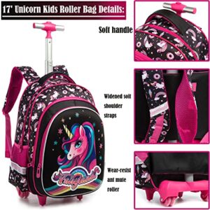 Egchescebo School Bags Kids Rolling Unicorn Backpack for Girls Luggage Suitcase With Wheels Trolley Wheeled Backpacks Travel Bags 3PCS Cat Backpack With Lunch Box Red…